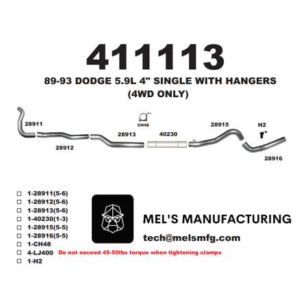  1989-1993 Cummins 5.9L 4" Turbo Back Exhaust System No Muffler (411113) - Mel's Manufacturing