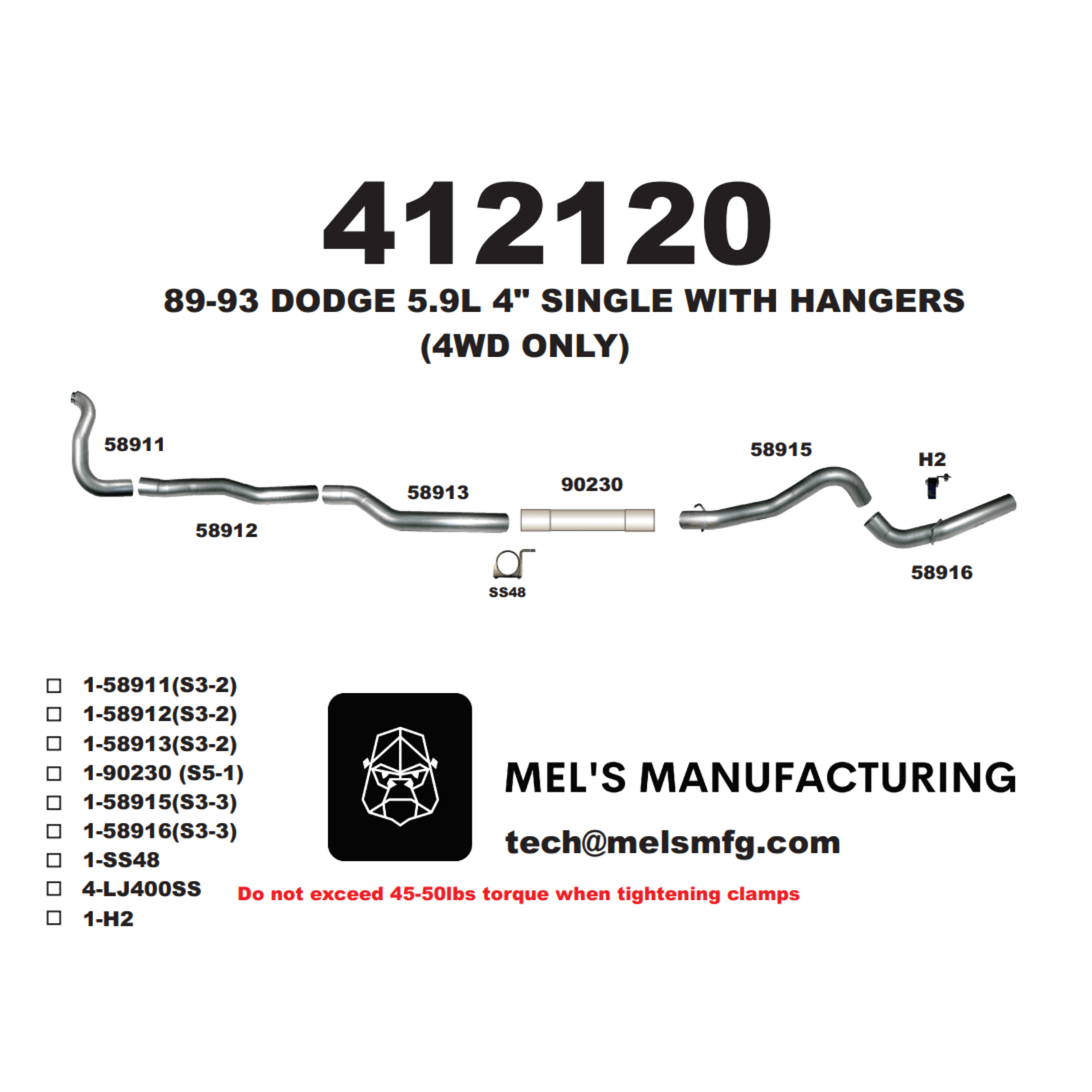  1989-1993 Cummins 5.9L 4" Turbo Back Exhaust System No Muffler (411113) - Mel's Manufacturing