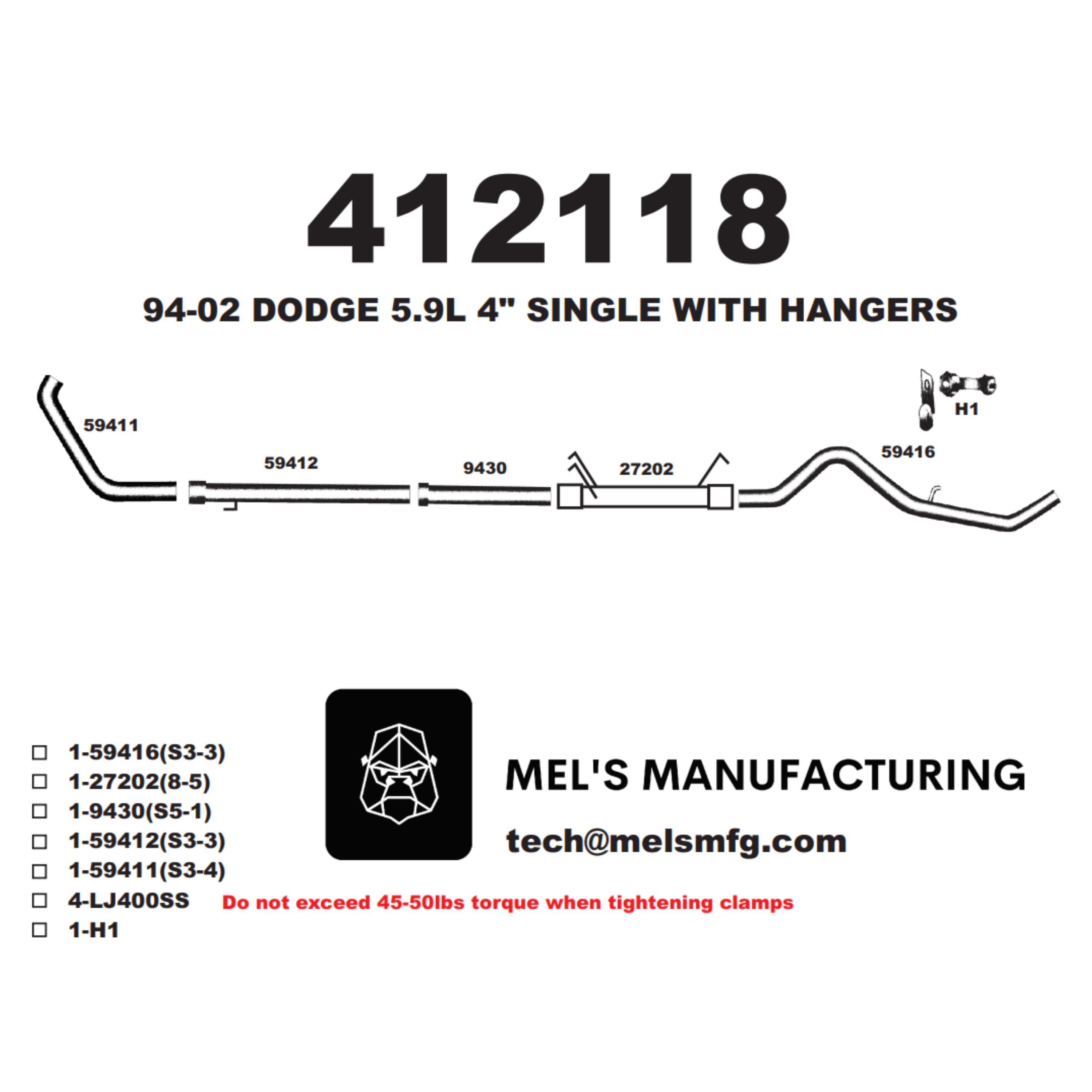 1994-2002 Cummins 5.9L 4" Turbo Back Exhaust No Muffler (411112) - Mel's Manufacturing