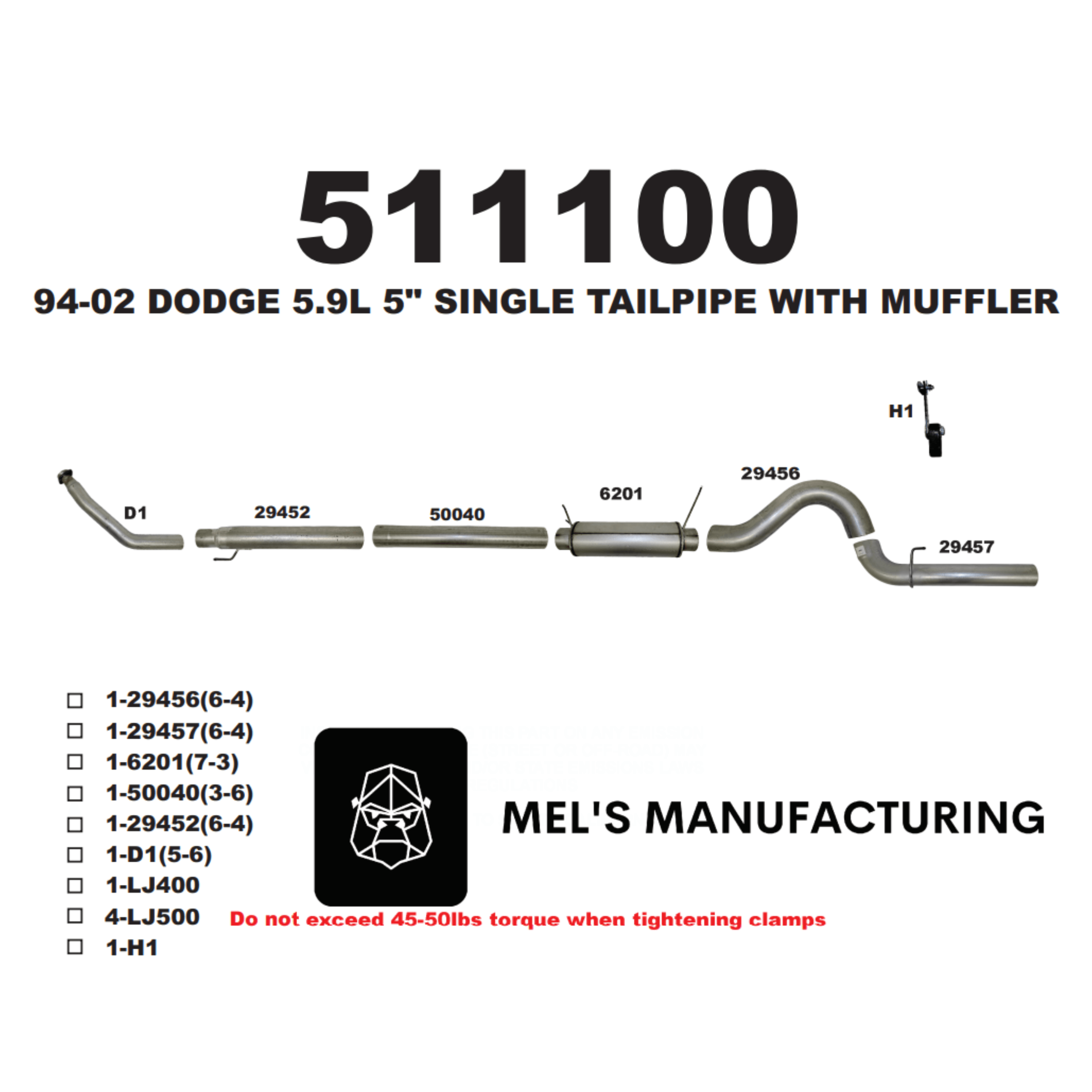  1994-2002 Cummins 5.9L 5" Turbo Back Exhaust w/ Muffler (511100) - Mel's Manufacturing