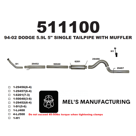 1994-2002 Cummins 5.9L 5" Turbo Back Exhaust w/ Muffler (511100) - Mel's Manufacturing