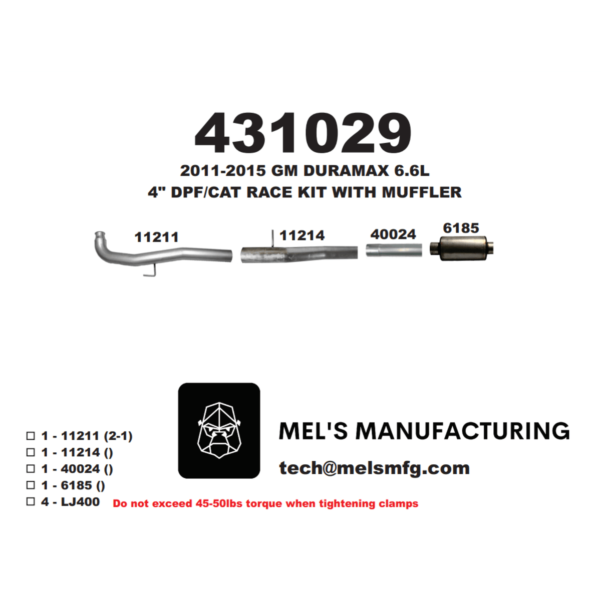  2011-2015 Duramax LML 4" Car & DPF Race Pipe w/ Muffler (431029) - Mel's Manufacturing