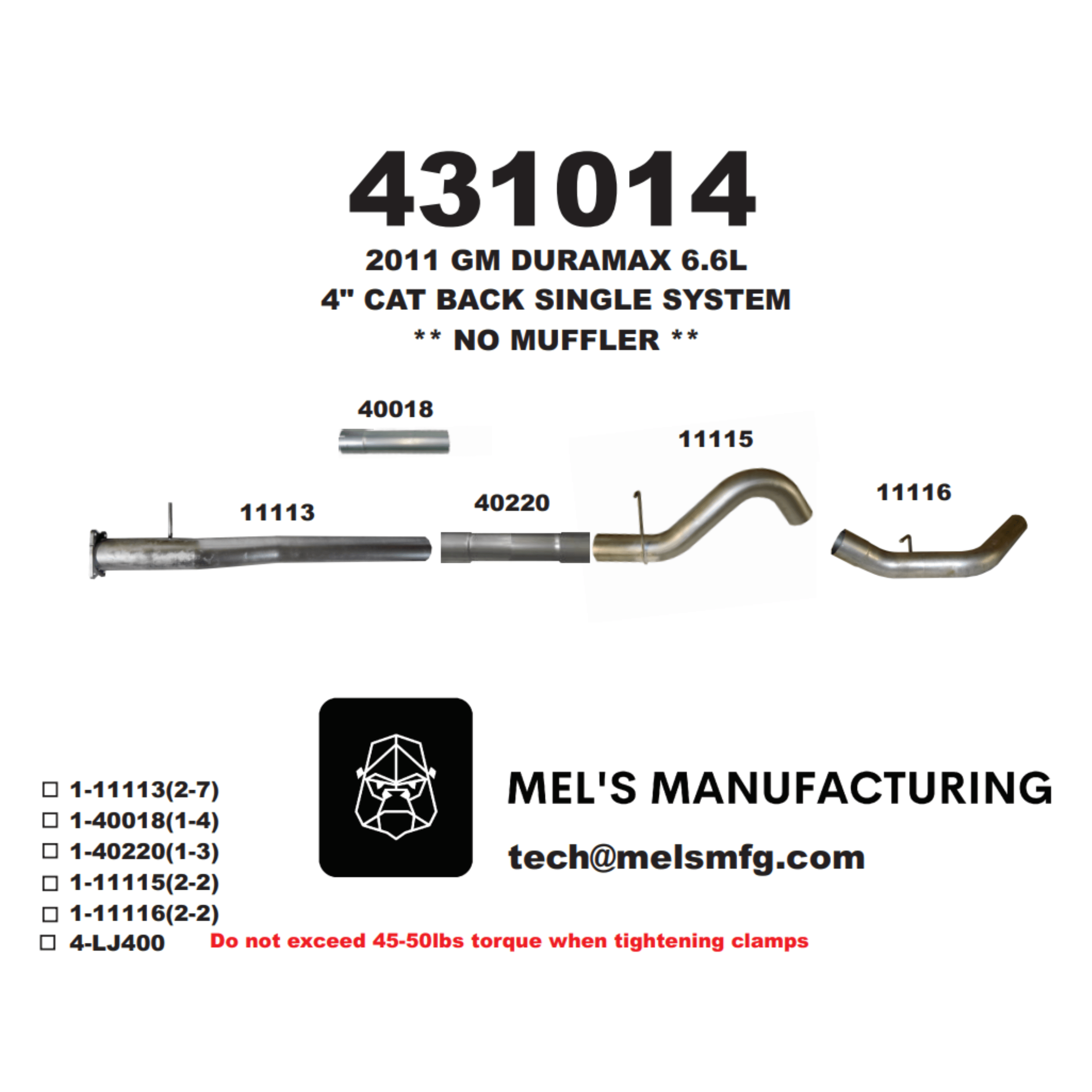  2011-2015 Duramax LML 4" Cat Back Exhaust No Muffler (431014) - Mel's Manufacturing