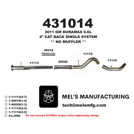  2011-2015 Duramax LML 4" Cat Back Exhaust No Muffler (431014) - Mel's Manufacturing