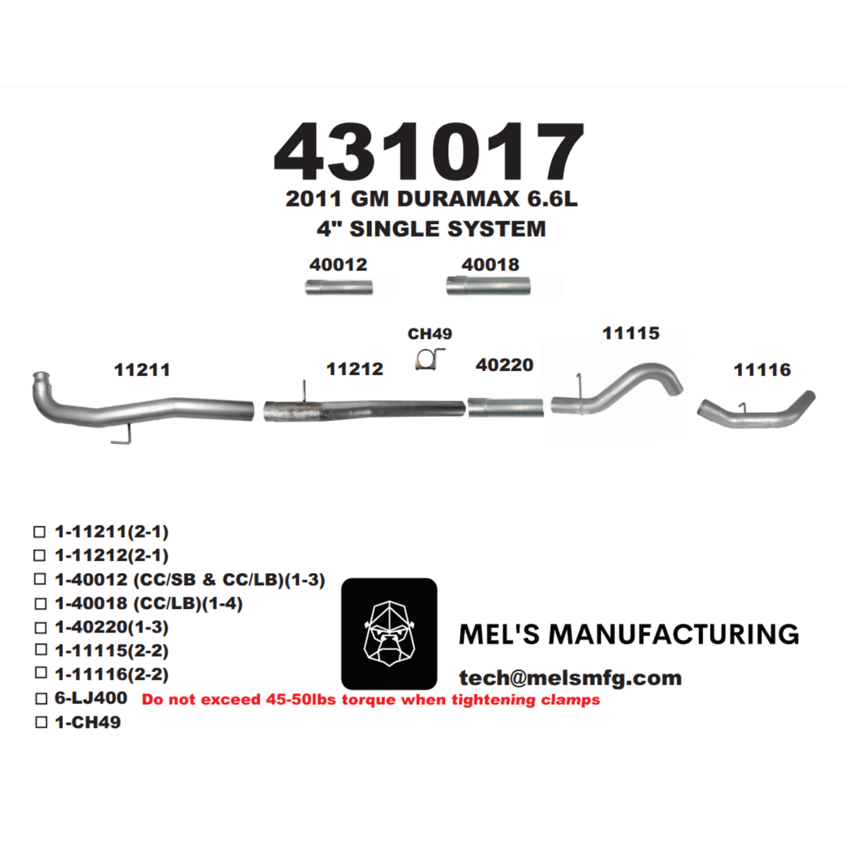  2011-2015 Duramax LML 4" Downpipe Back Exhaust No Muffler (431017) - Mel's Manufacturing