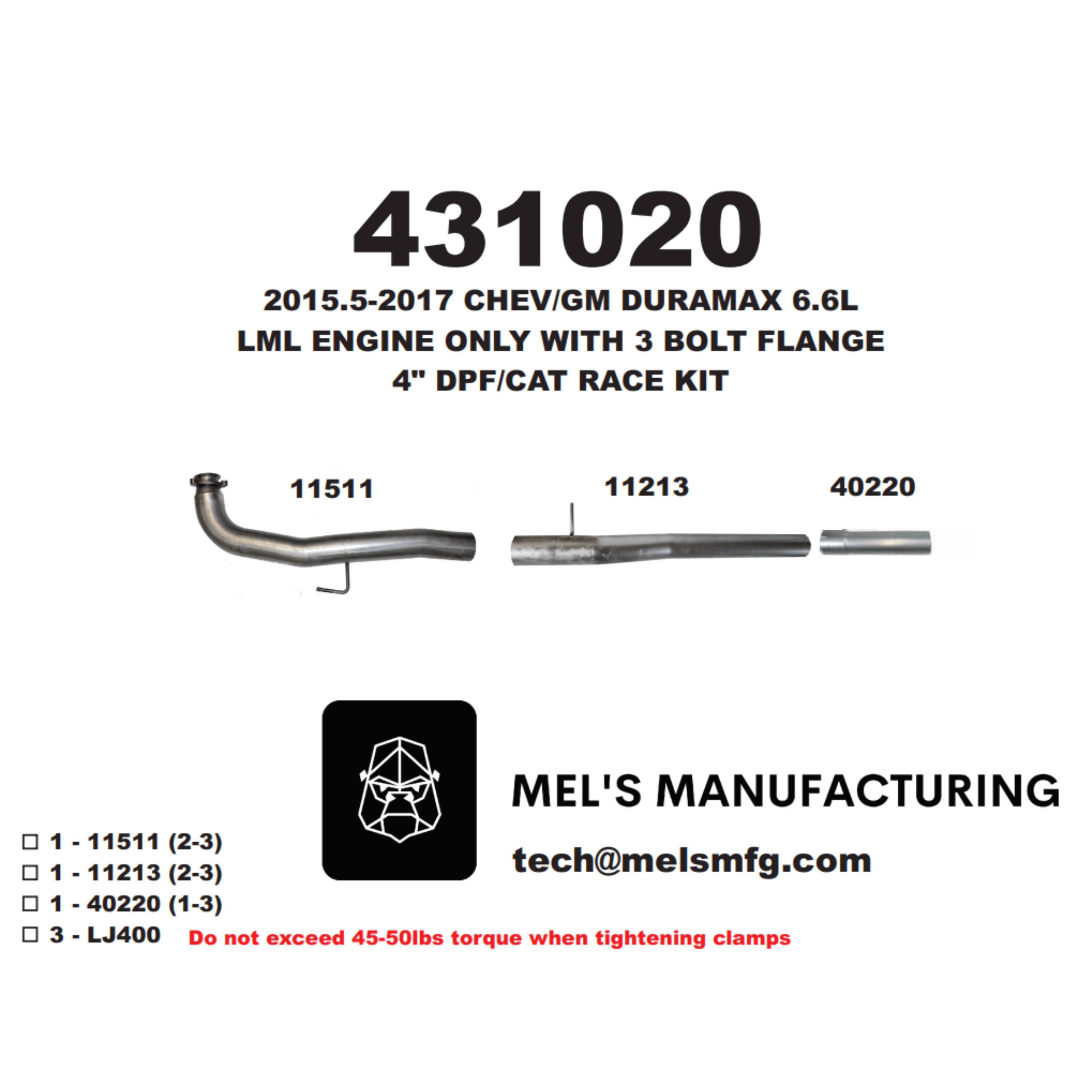  2015.5-2016 Duramax LML 4" Cat & DPF Race Pipe No Muffler (431020) - Mel's Manufacturing