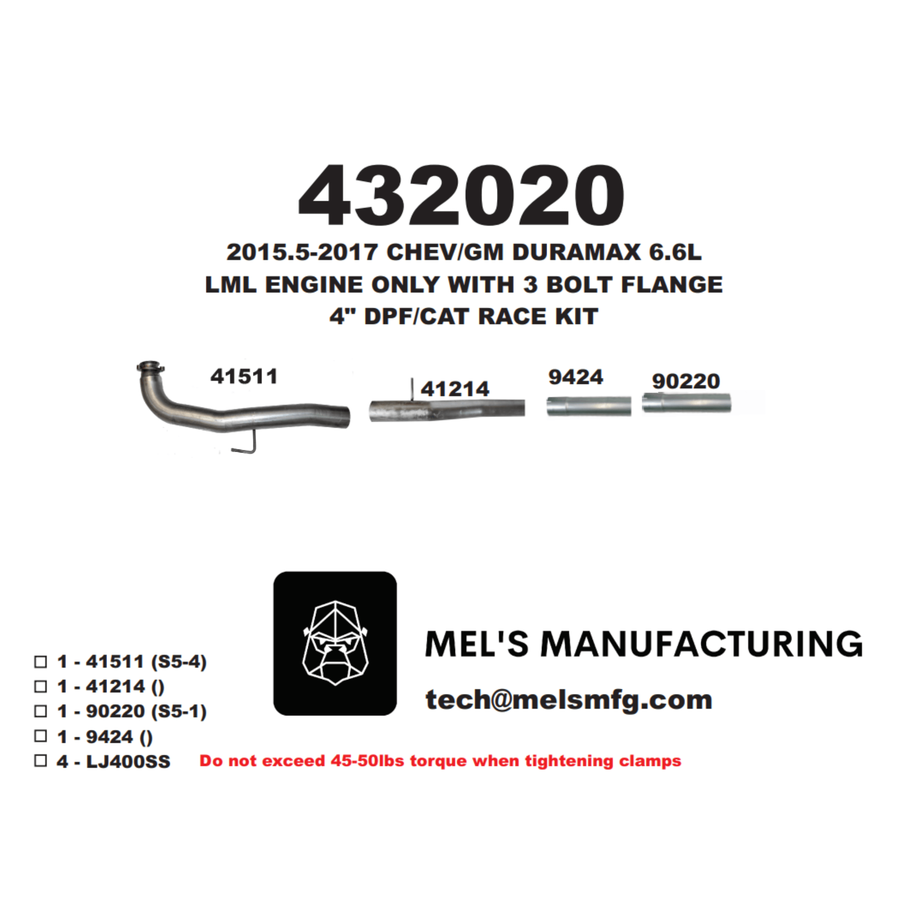  2015.5-2016 Duramax LML 4" Cat & DPF Race Pipe No Muffler (431020) - Mel's Manufacturing
