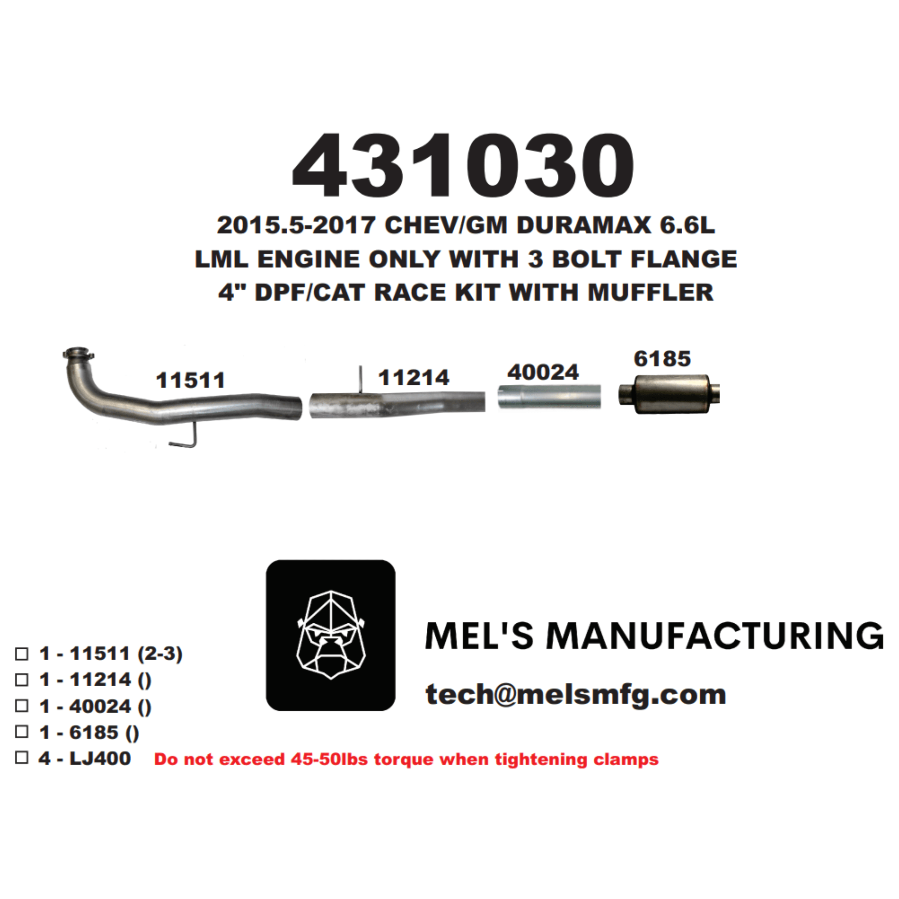  2015.5-2016 Duramax LML 4" Cat & DPF Race Pipe w/ Muffler (431030) - Mel's Manufacturing