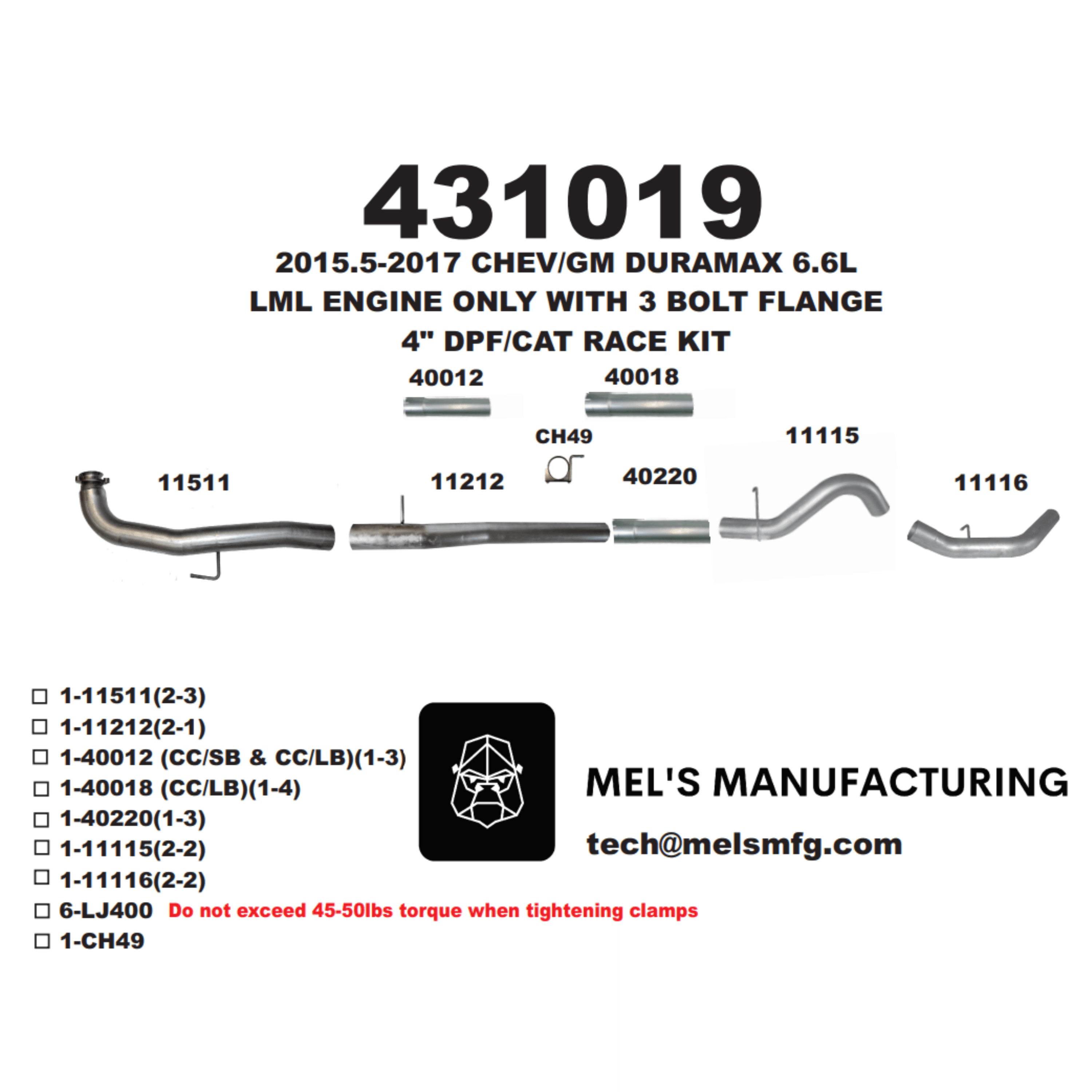  2015.5-2016 Duramax LML 4" Downpipe Back Exhaust No Muffler (431019) - Mel's Manufacturing
