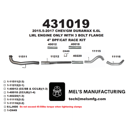  2015.5-2016 Duramax LML 4" Downpipe Back Exhaust No Muffler (431019) - Mel's Manufacturing