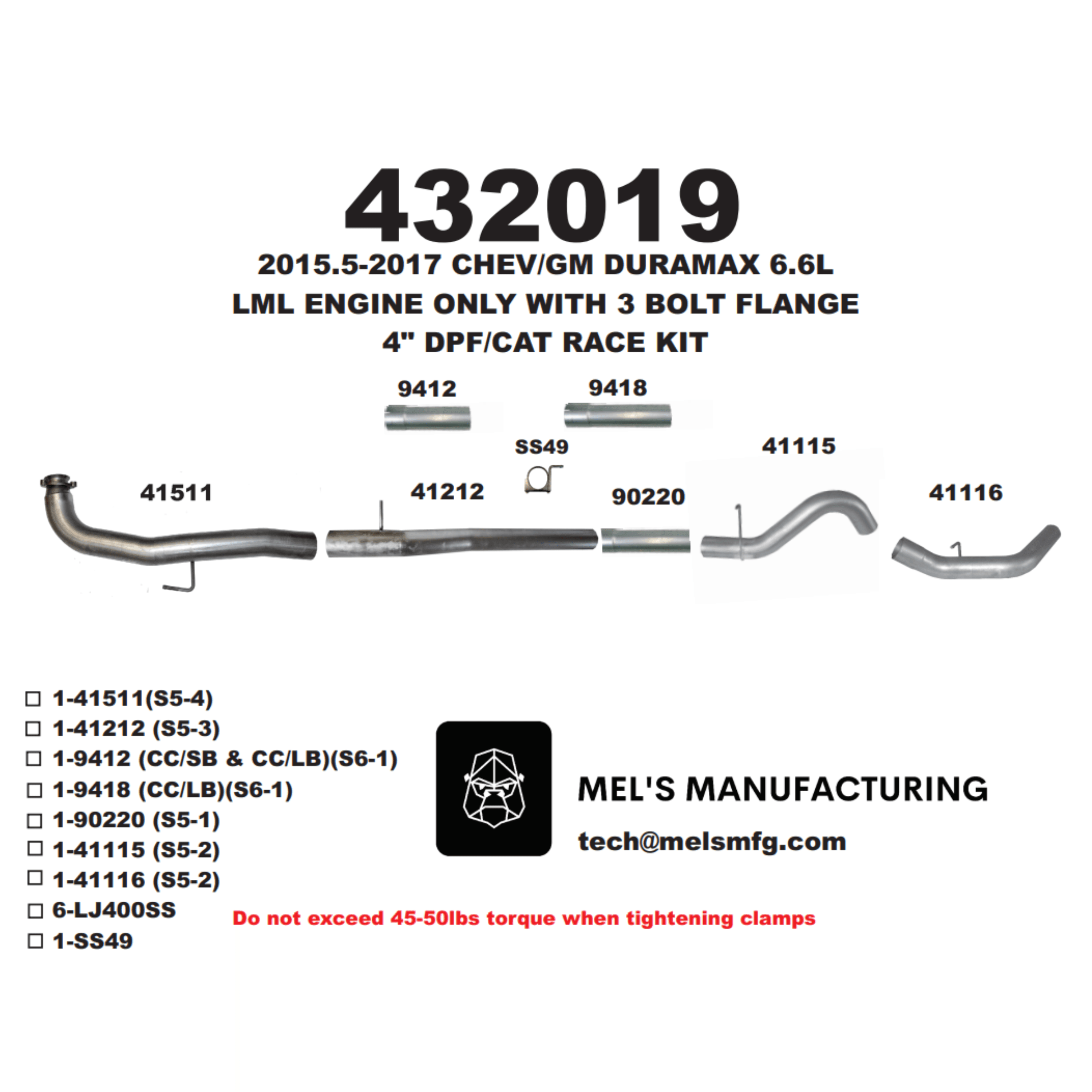  2015.5-2016 Duramax LML 4" Downpipe Back Exhaust No Muffler (431019) - Mel's Manufacturing