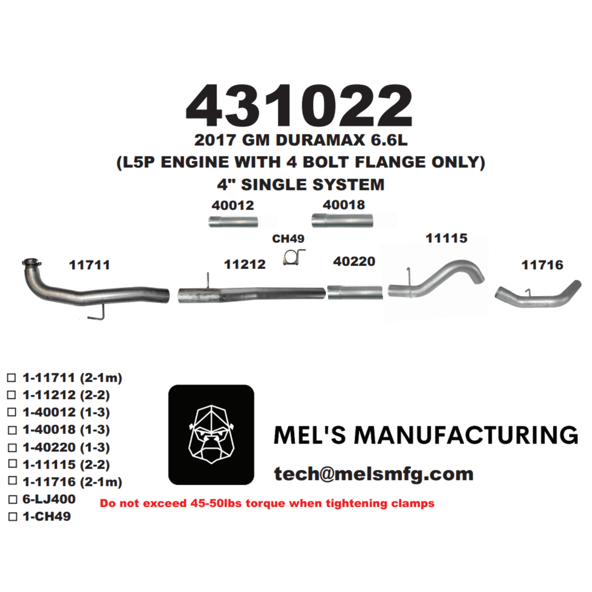  2017-2019 Duramax L5P 4" Downpipe Back Exhaust No Muffler (431022) - Mel's Manufacturing