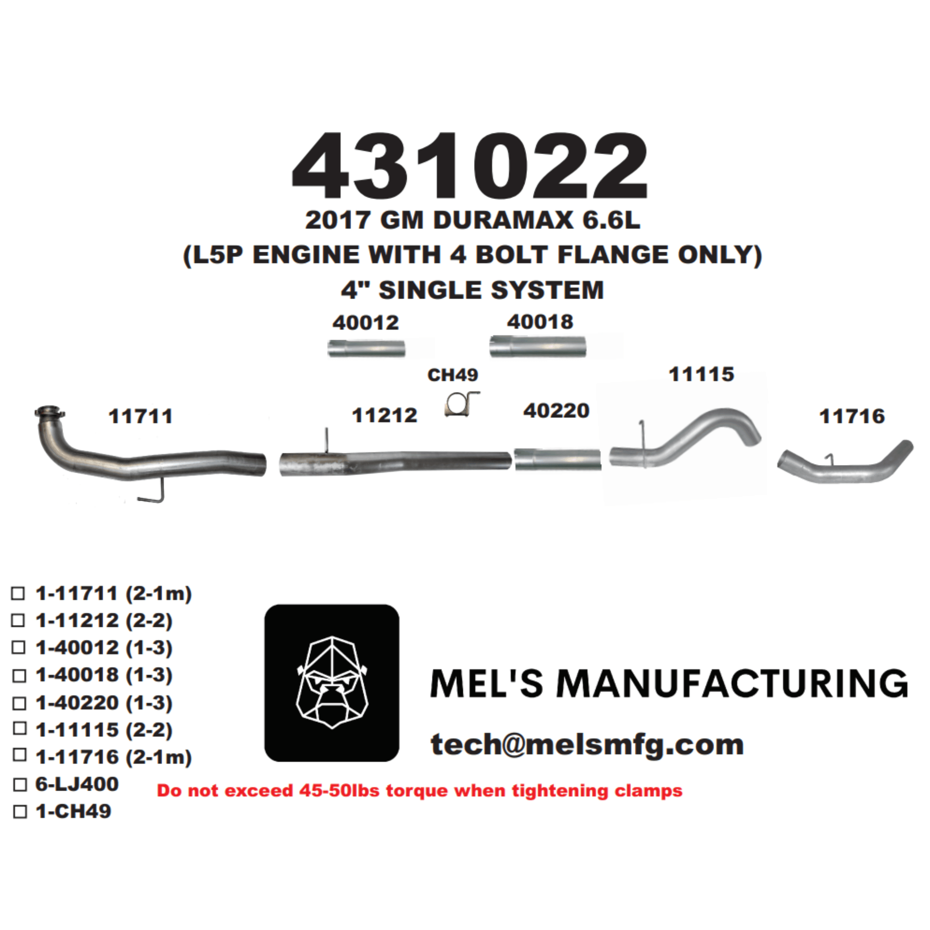  2017-2019 Duramax L5P 4" Downpipe Back Exhaust No Muffler (431022) - Mel's Manufacturing