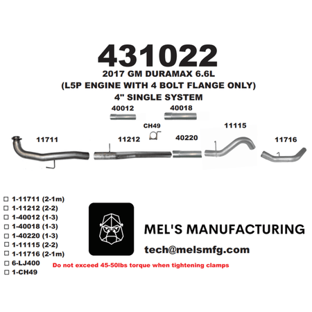  2017-2019 Duramax L5P 4" Downpipe Back Exhaust No Muffler (431022) - Mel's Manufacturing