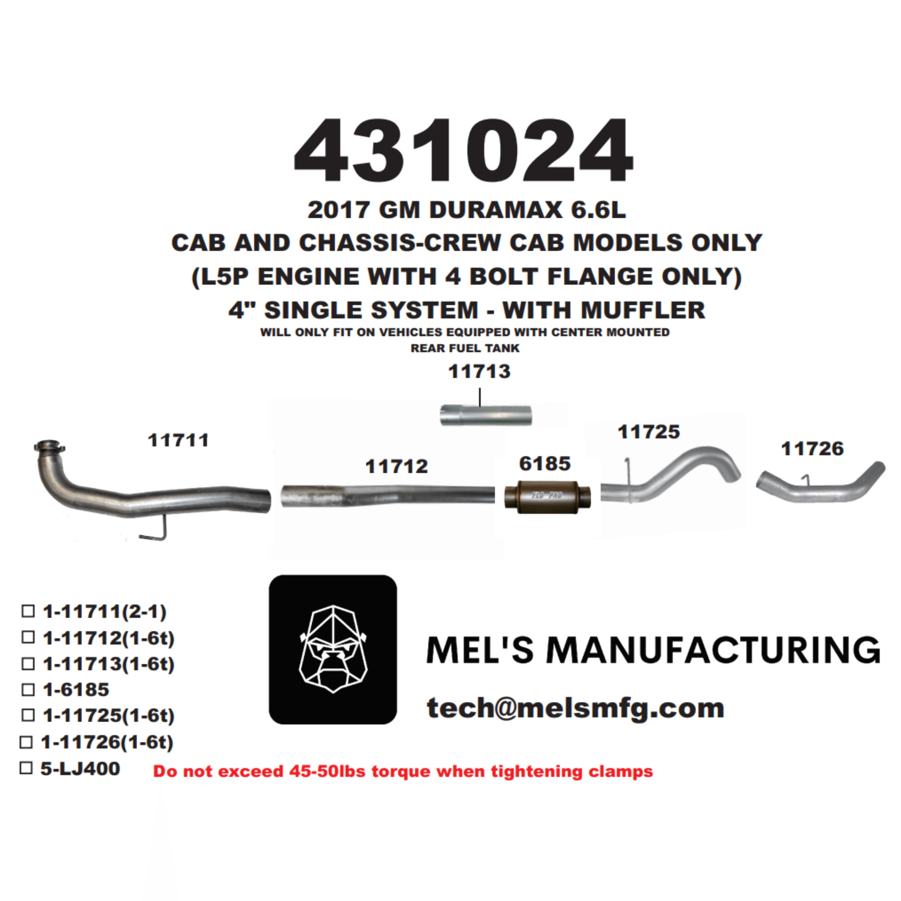  2017-2019 Duramax L5P Cab & Chassis 4" Downpipe Back Exhaust w/ Muffler (431024) - Mel's Manufacturing