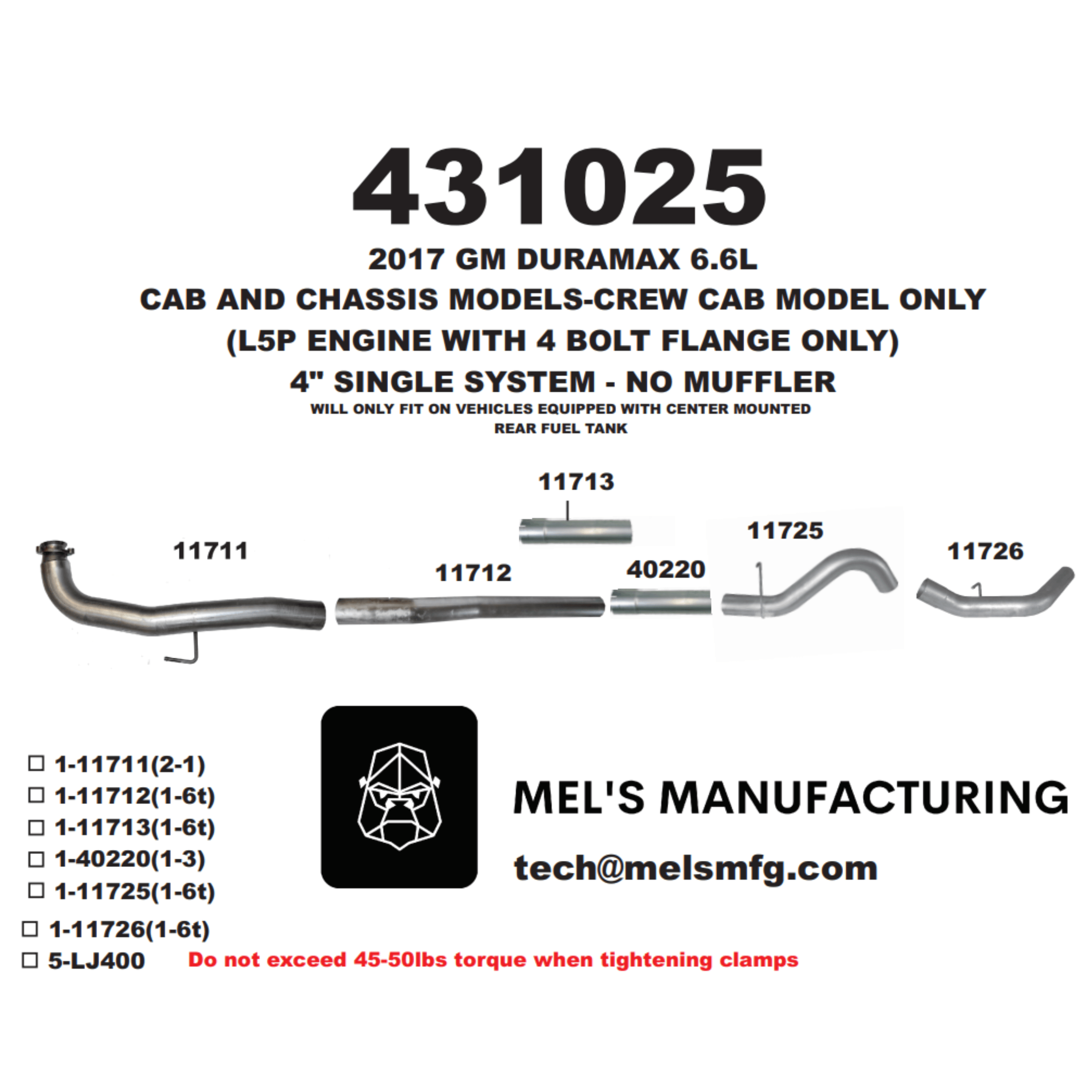  2017-2019 Duramax L5P Cab & Chassis Downpipe Back Exhaust No Muffler (431025) - Mel's Manufacturing