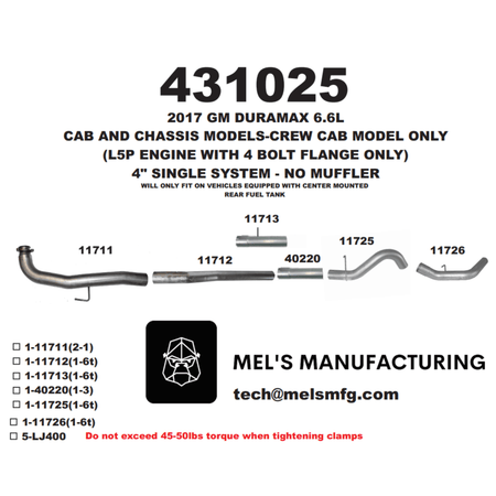  2017-2019 Duramax L5P Cab & Chassis Downpipe Back Exhaust No Muffler (431025) - Mel's Manufacturing